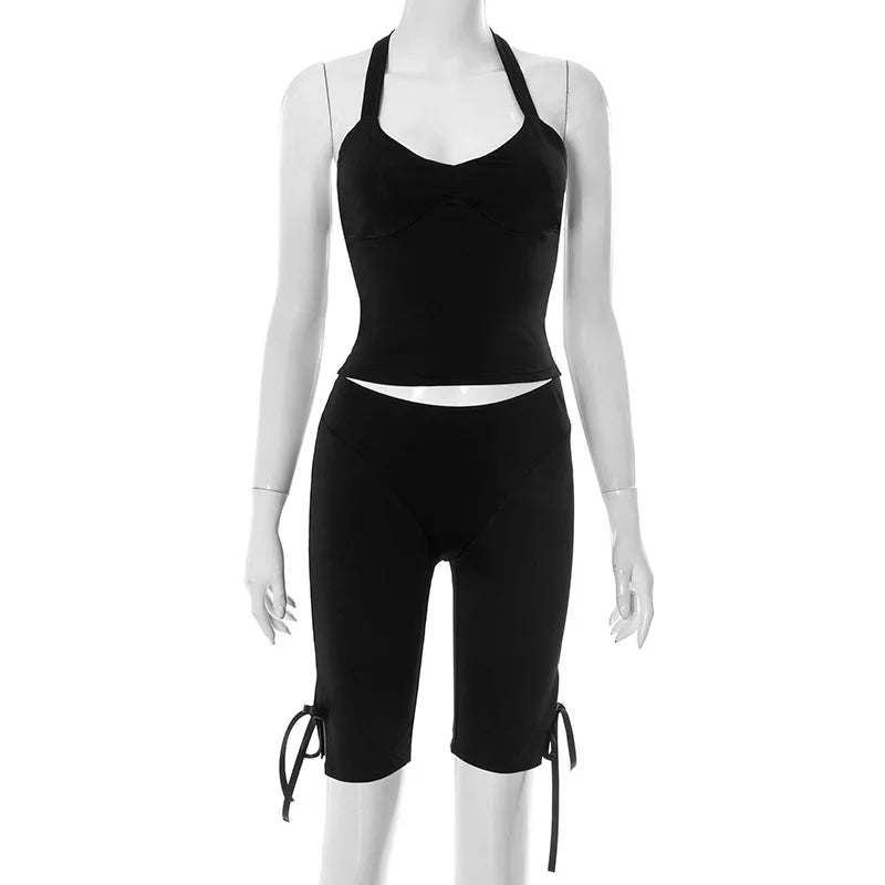 Women Solid 2 Piece Set Summer Tracksuits Sexy Lace Up Halter Backless Tank Crop Tops + Skinny Knee Length Pants Fitness Suits