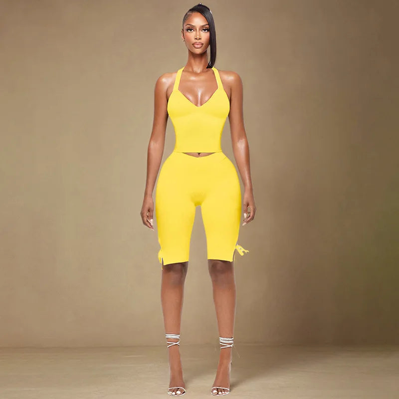 Women Solid 2 Piece Set Summer Tracksuits Sexy Lace Up Halter Backless Tank Crop Tops + Skinny Knee Length Pants Fitness Suits