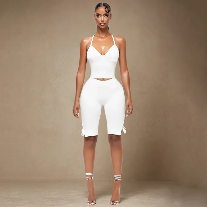 Women Solid 2 Piece Set Summer Tracksuits Sexy Lace Up Halter Backless Tank Crop Tops + Skinny Knee Length Pants Fitness Suits