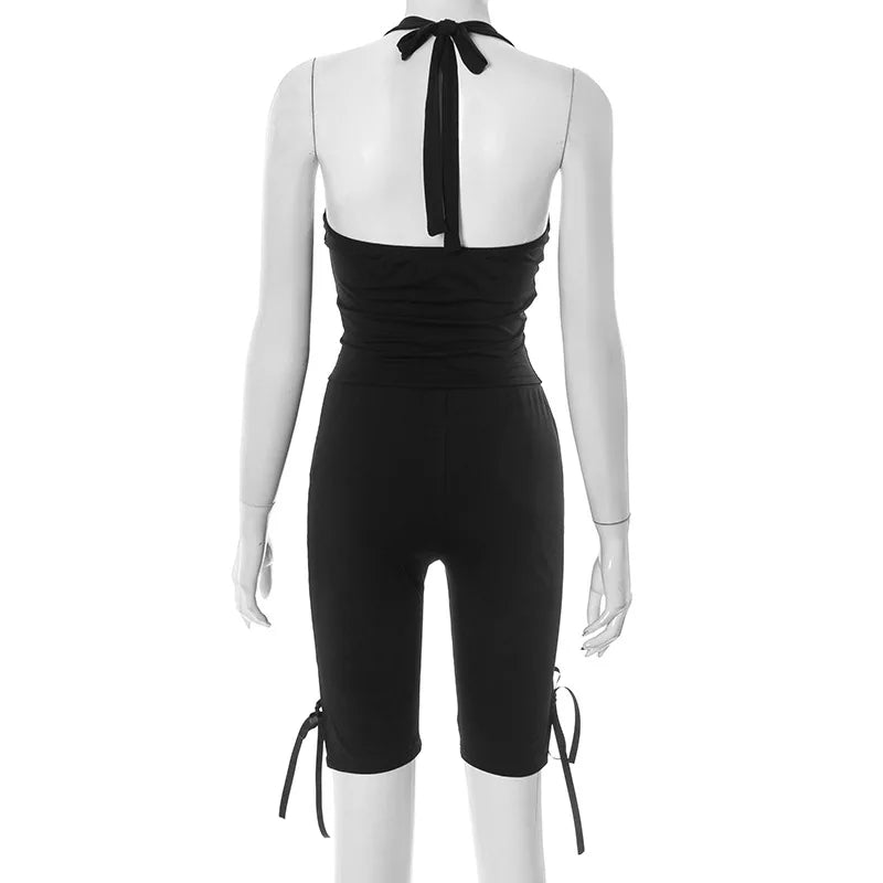 Women Solid 2 Piece Set Summer Tracksuits Sexy Lace Up Halter Backless Tank Crop Tops + Skinny Knee Length Pants Fitness Suits