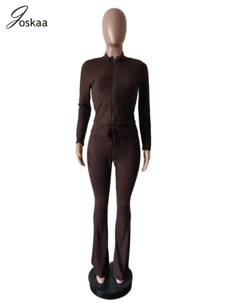 Joskaa Casual Sporty 2 Piece Sets Women Full Sleeve Zip Crop Tops and Drawstring Flare Pants Matching Tracksuits Streetwear