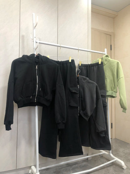 Zipper Hoodie with Wide Leg Pant Two Piece Set for Women Casual Hooded Sweatshirt Tracksuits Sporty Pants Outfit 2 Piece Suits