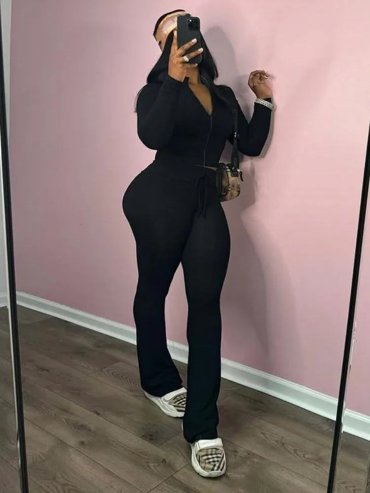 Joskaa Casual Sporty 2 Piece Sets Women Full Sleeve Zip Crop Tops and Drawstring Flare Pants Matching Tracksuits Streetwear
