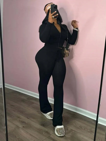 Joskaa Casual Sporty 2 Piece Sets Women Full Sleeve Zip Crop Tops and Drawstring Flare Pants Matching Tracksuits Streetwear