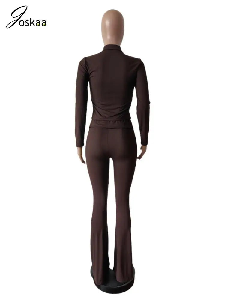 Joskaa Casual Sporty 2 Piece Sets Women Full Sleeve Zip Crop Tops and Drawstring Flare Pants Matching Tracksuits Streetwear