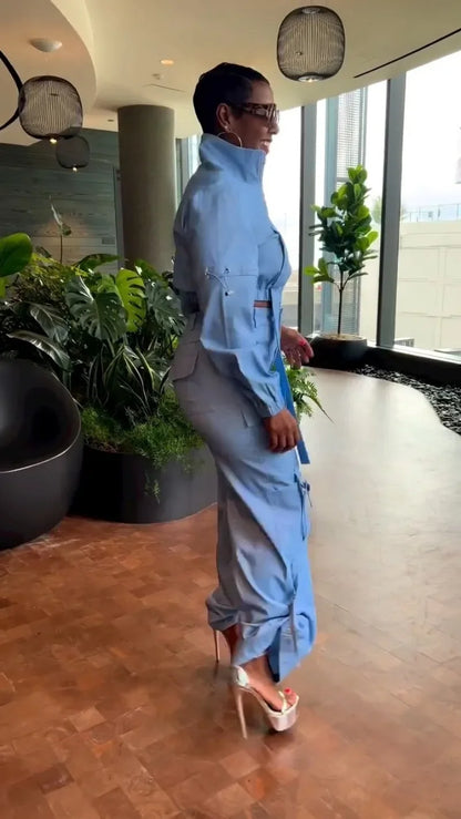 KEXU Street Women's Set Long Sleeve Zipper Fly Track and Tie Up Hem Pocket Side Cargo Pants Suit 2025 Two 2 Piece Set Outfit