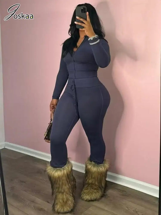 Joskaa Casual Sporty 2 Piece Sets Women Full Sleeve Zip Crop Tops and Drawstring Flare Pants Matching Tracksuits Streetwear