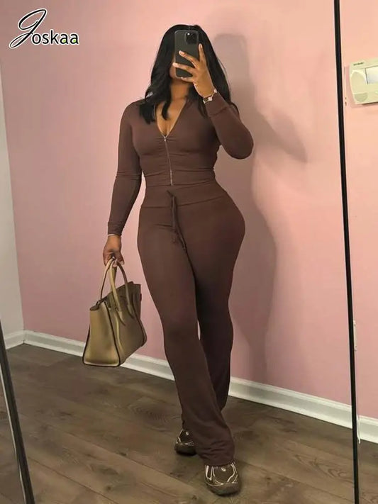 Joskaa Casual Sporty 2 Piece Sets Women Full Sleeve Zip Crop Tops and Drawstring Flare Pants Matching Tracksuits Streetwear