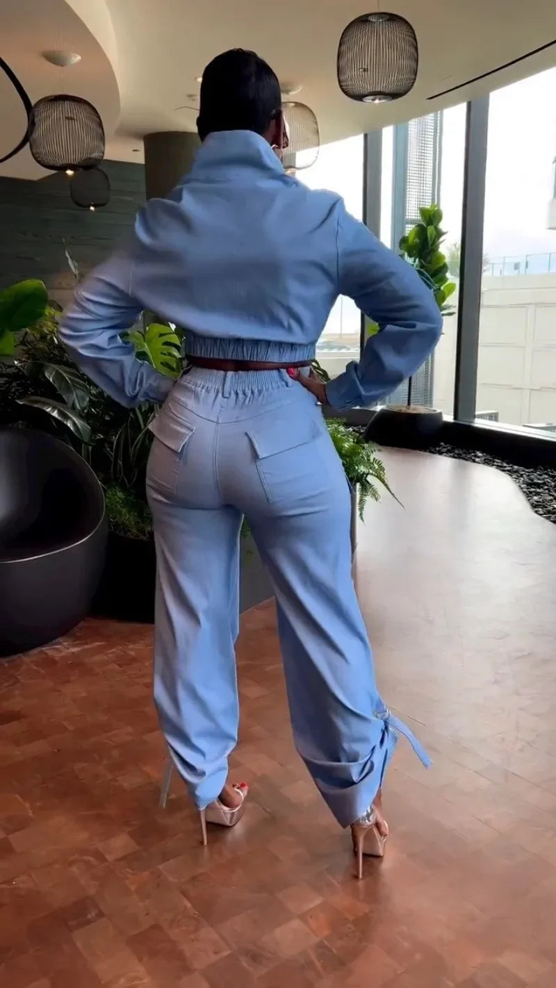 KEXU Street Women's Set Long Sleeve Zipper Fly Track and Tie Up Hem Pocket Side Cargo Pants Suit 2025 Two 2 Piece Set Outfit