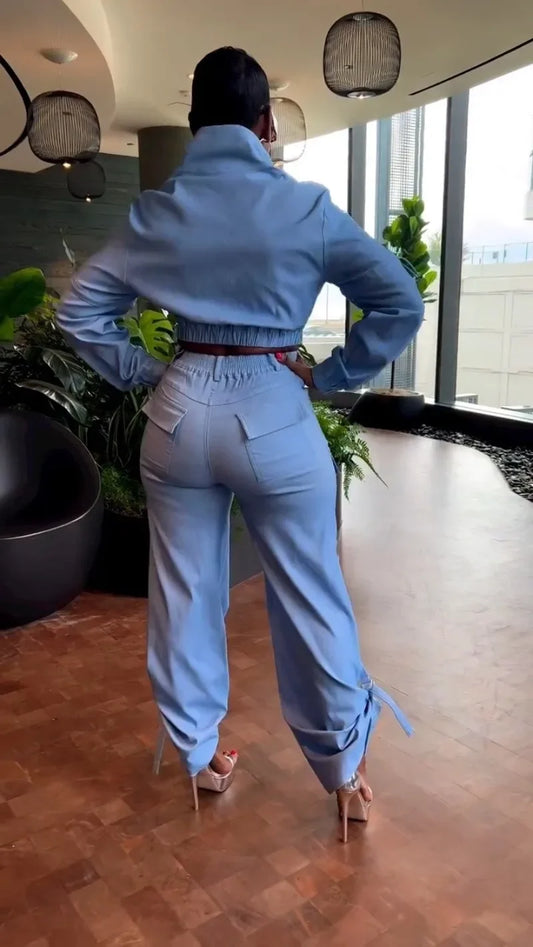 KEXU Street Women's Set Long Sleeve Zipper Fly Track and Tie Up Hem Pocket Side Cargo Pants Suit 2025 Two 2 Piece Set Outfit