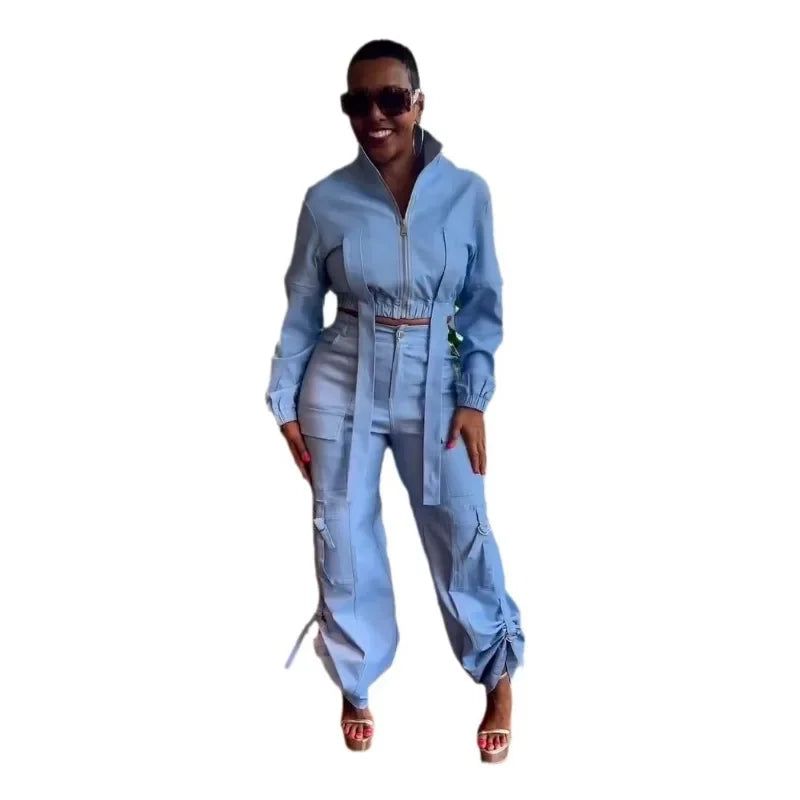 KEXU Street Women's Set Long Sleeve Zipper Fly Track and Tie Up Hem Pocket Side Cargo Pants Suit 2025 Two 2 Piece Set Outfit