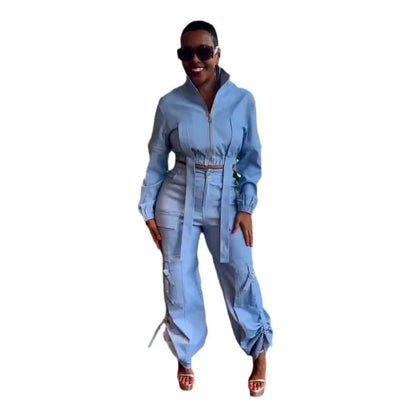 KEXU Street Women's Set Long Sleeve Zipper Fly Track and Tie Up Hem Pocket Side Cargo Pants Suit 2025 Two 2 Piece Set Outfit