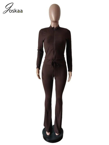 Joskaa Casual Sporty 2 Piece Sets Women Full Sleeve Zip Crop Tops and Drawstring Flare Pants Matching Tracksuits Streetwear