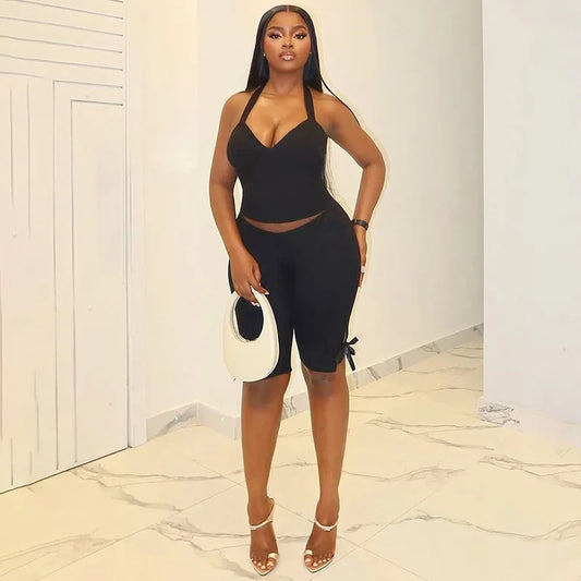 Women Solid 2 Piece Set Summer Tracksuits Sexy Lace Up Halter Backless Tank Crop Tops + Skinny Knee Length Pants Fitness Suits